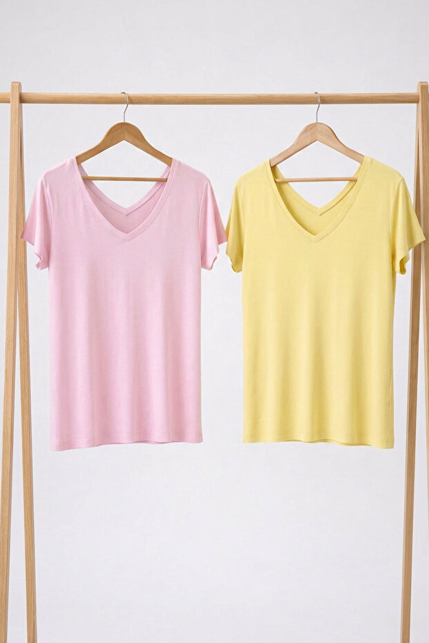 2 Pieces Front and Back V-Neck Basic T-Shirts