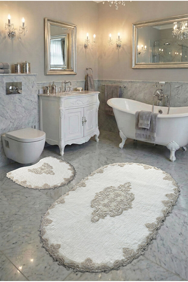 Milas Non-Slip Base, Velvet Lace Detailed 2-Piece Super Luxury Oval Bath Mat Set