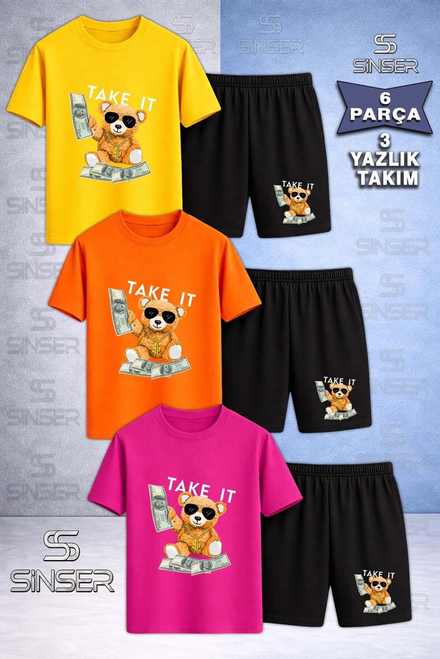 Children's Ayicik Take It White Custom Printed Crew Neck 3-Piece T-Shirt - Shorts Set