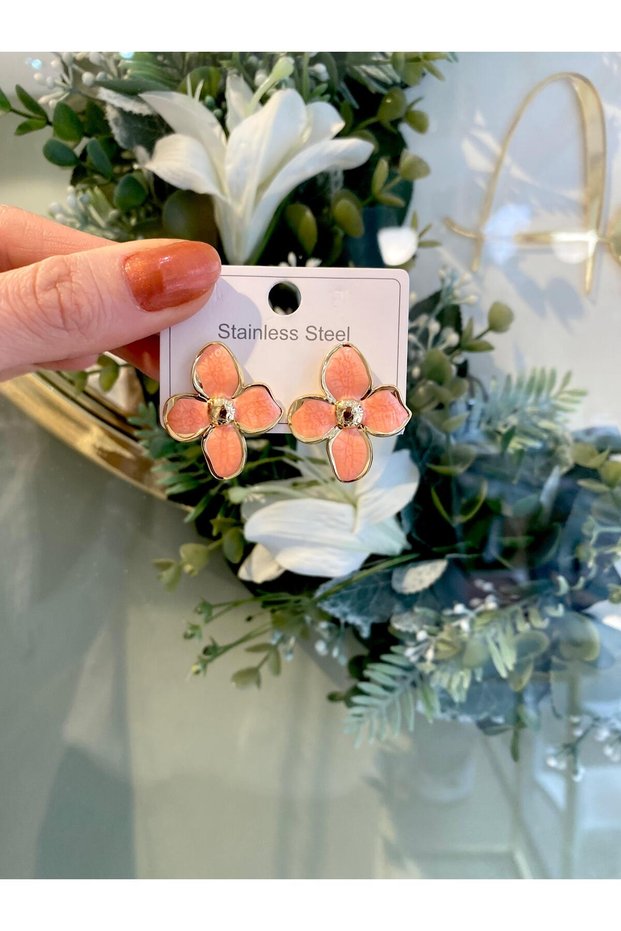 Steel Orange Color Enamel Flower Model Gold Color Steel Earrings