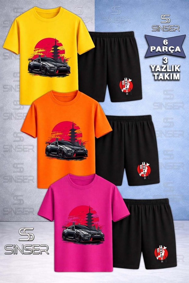 Children's Car Tokyo White Japanese Writing Custom Printed Crew Neck 3-Piece T-Shirt - Shorts Set