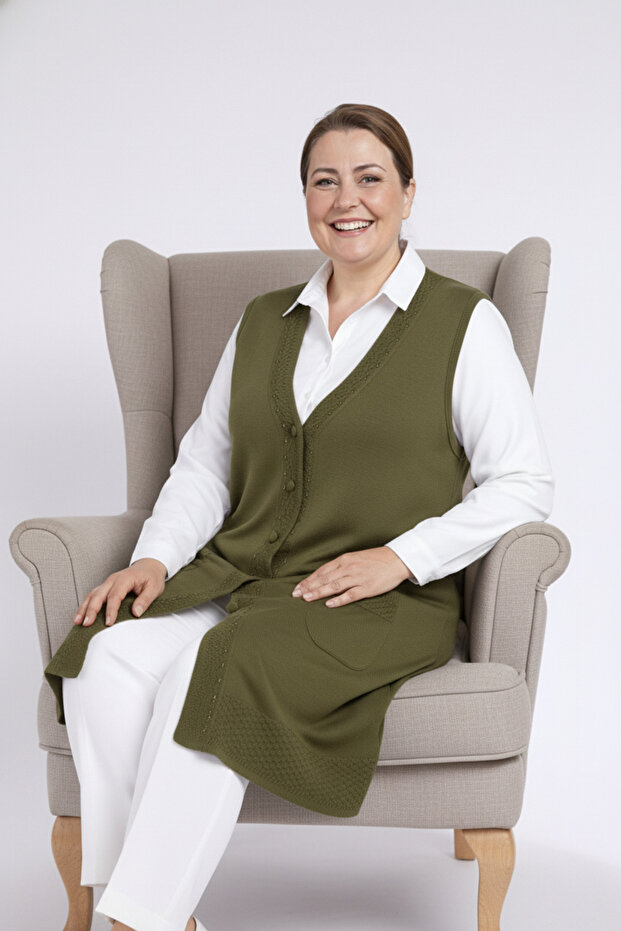 Plus Size Women's Spring and Summer Very Thin Special Knitwear Buttoned Long Tunic Knitted Stone-Studded Mother Vest
