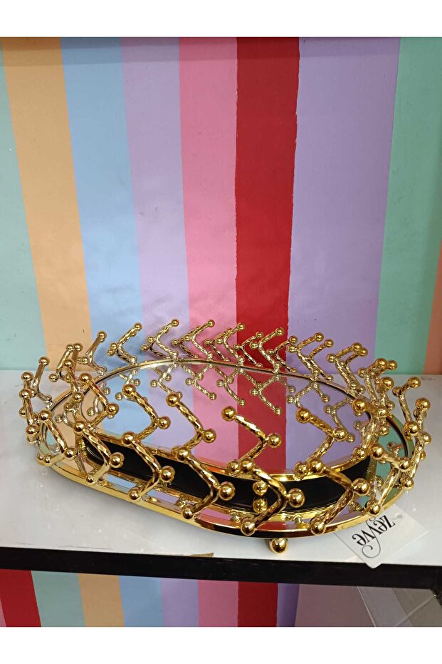 Zeyve Brand Oval 2-Piece Gold Cast Iron Mirrored Luxury Tray