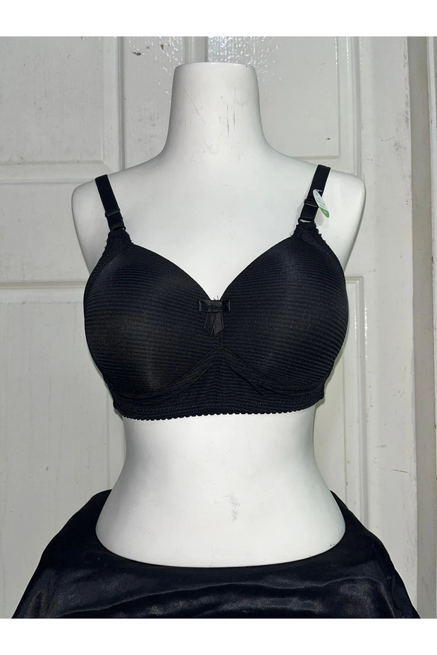 Women's C Cup Stripe Patterned Gathering Black Bra