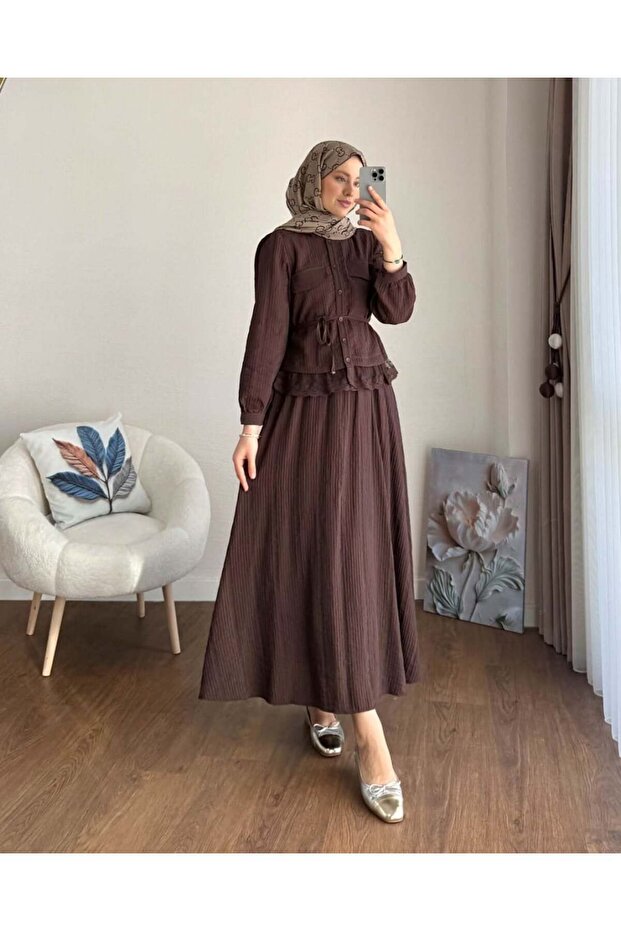 Lace Detailed Shirt and Skirt Set M25191 - Brown