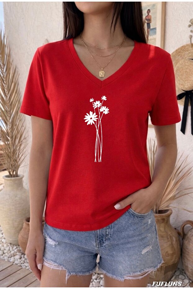 Flower Branches Printed Women's Oversize V-Neck T-Shirt
