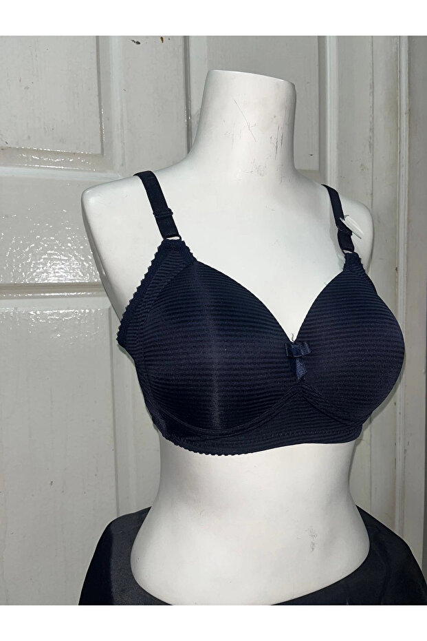 Women's C Cup Striped Patterned Gathering Navy Blue Bra