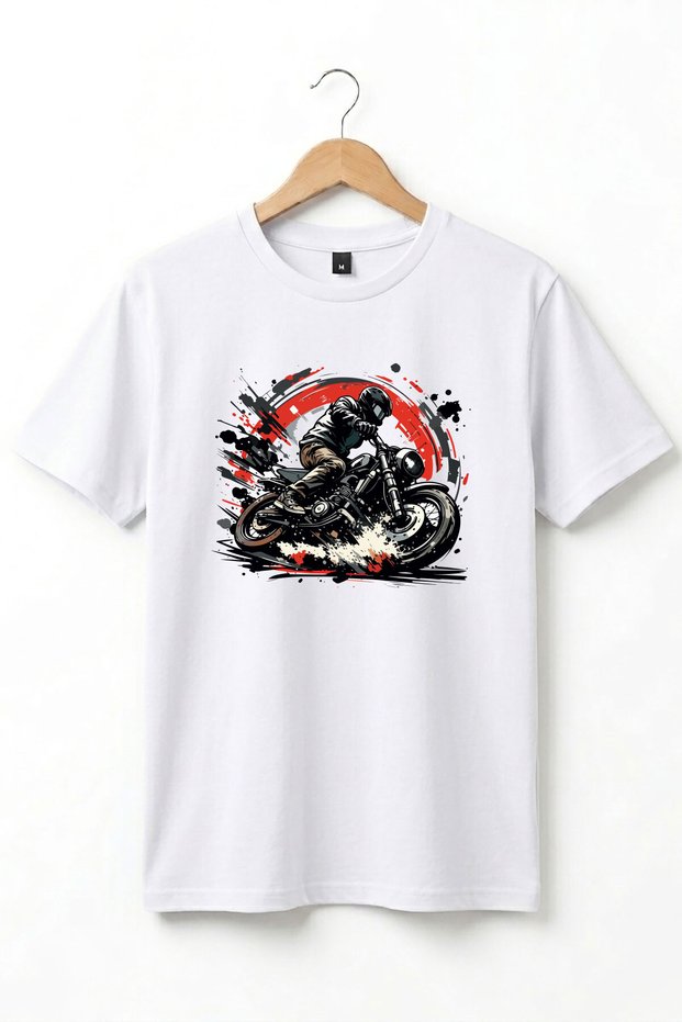 Unisex Racing Biker Graphic Printed Retro Crew Neck Cotton T-Shirt