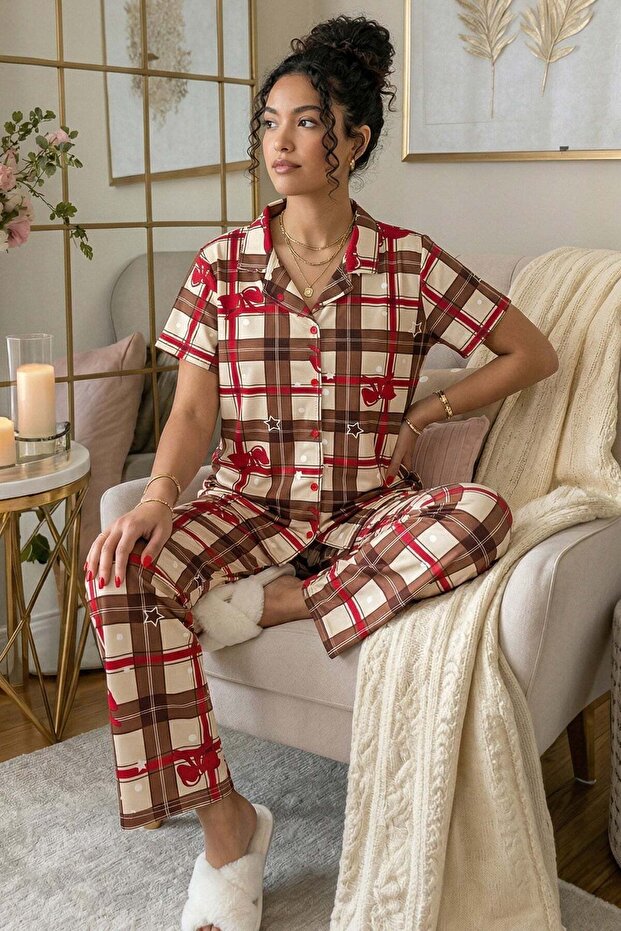 Women's Plaid and Bow Patterned Shirt Collar Short Sleeve Bottom Long Cool Touch Milan Fabric Pajama Set