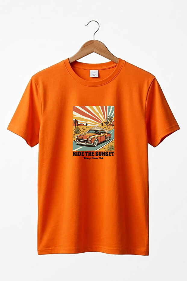 Unisex Vintage Ride the Sunset Retro Car Printed Cotton Basic T-Shirt