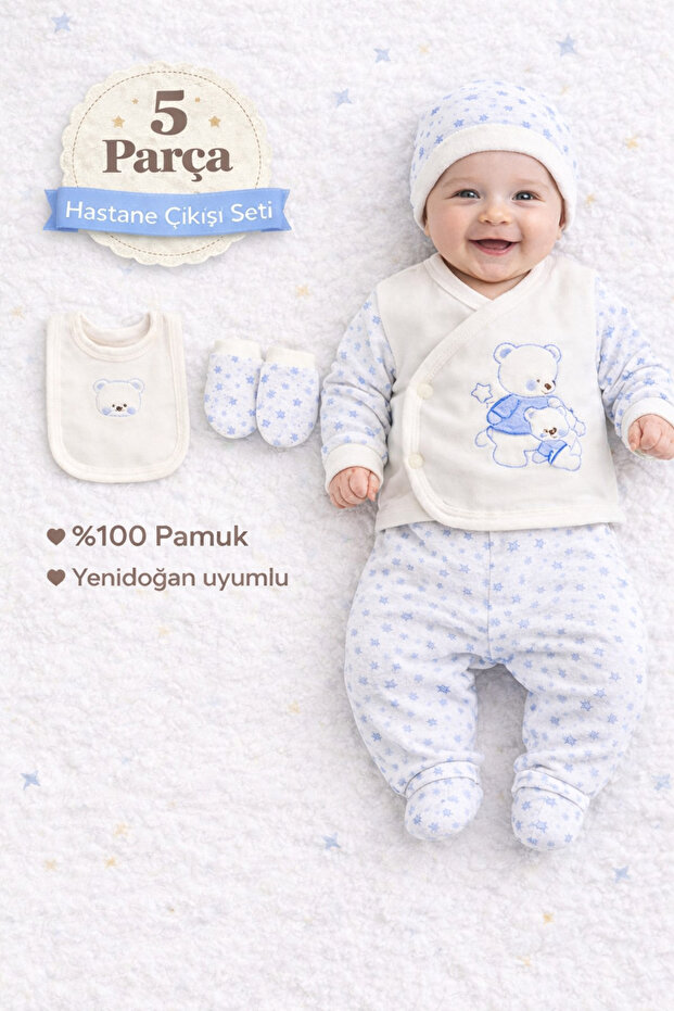 5 Piece Newborn Hospital Discharge Set 100% Cotton Teddy Bear Embroidered Baby Set