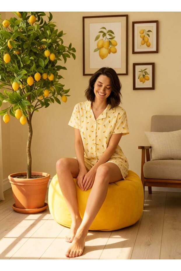 Lemon Pattern Yellow Color Shirt & Shorts Women's Pajama Set Milan Fabric Spring Collection