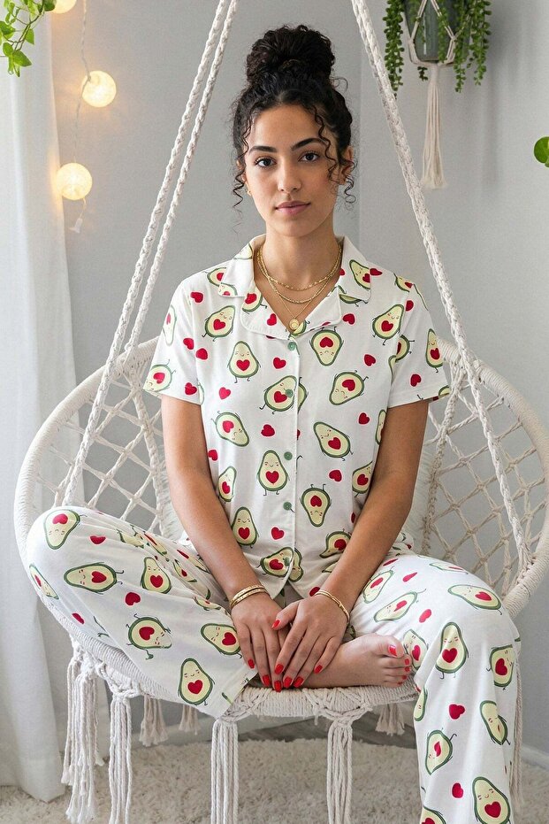 Women's Avocado Patterned Shirt Collar Short Sleeve Long Cool Milan Fabric Pajama Set