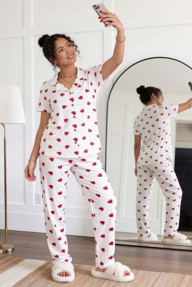 Women's Heart Patterned Shirt Collar Short Sleeve Long Cool Touch Milan Fabric Pajama Set
