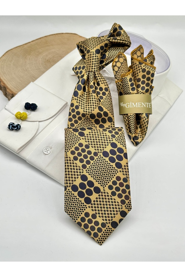 Black and Yellow Polka Dot Classic Tie with Handkerchief