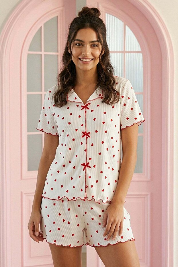 Women's Tiny Heart Patterned Ribbed V-Neck Short Sleeve Shorts Cool Viscose Camisole Pajama Set
