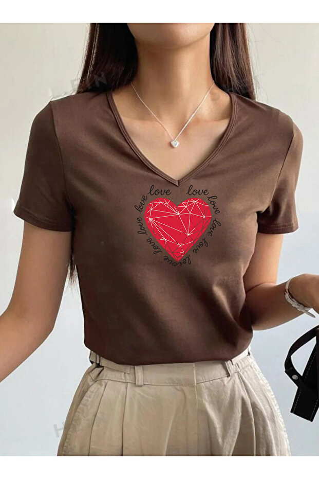 Love Heart Printed V-Neck Short Sleeve Regular Women's Tshirt