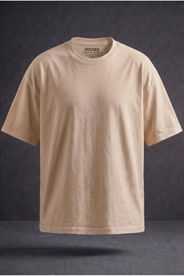 Unisex Beige Crew Neck 100% Cotton Premium Quality Oversize T-Shirt (T-Shirt)