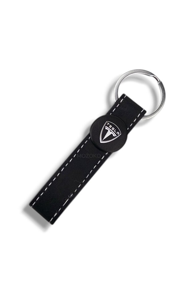 سلسلة مفاتيح سيارة أنيقة من الجلد الأسود بشعار تسلا عالي الجودة، مثالية كهدية