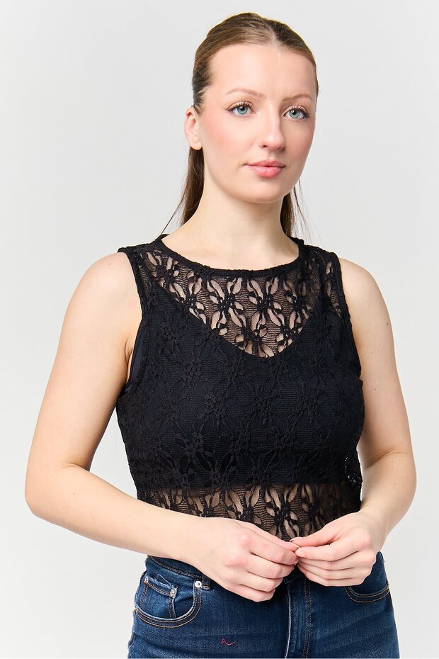 Women Crew Neck Mesh Sleeveless Tank Top, Black