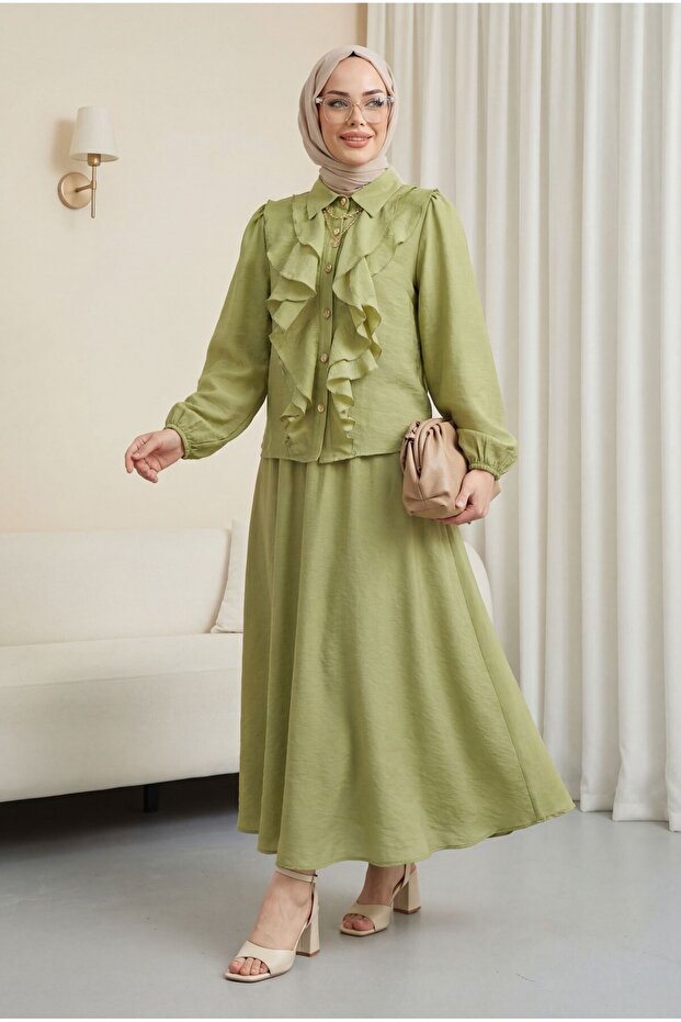 Ruffled Front, Elasticated Sleeves, Lined Skirt, Strawberry Set - Olive