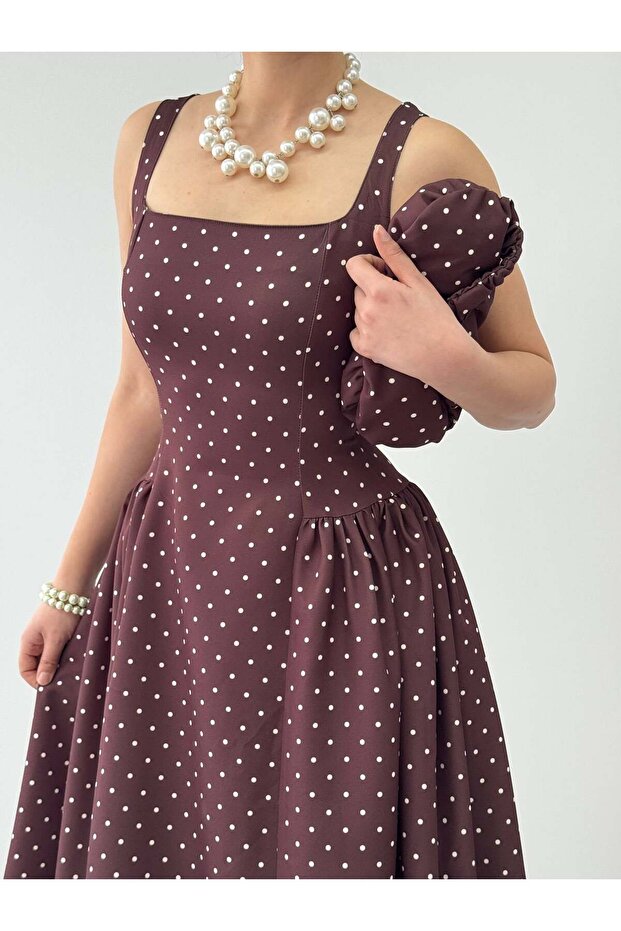 Square Neck Pleated Polka Dot Maxi Dress Brown