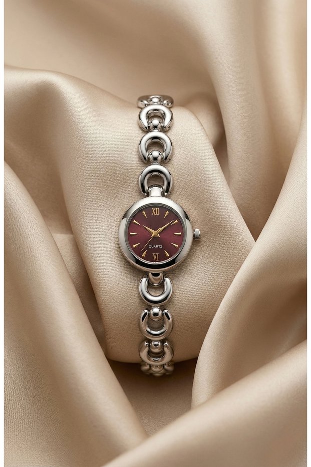 Women's Steel Watch Silver Color Burgundy Dial Vintage Luxury Round Case | Elegant Stylish Women's Wristwatch 2026