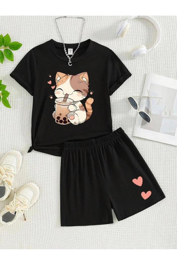 Girls' Black Round Neck T-Shirt and Shorts Set