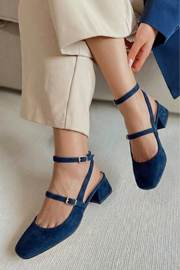 Women's Mary Jane Open Back Square Toe Short Block Heel Shoes Navy Blue Suede