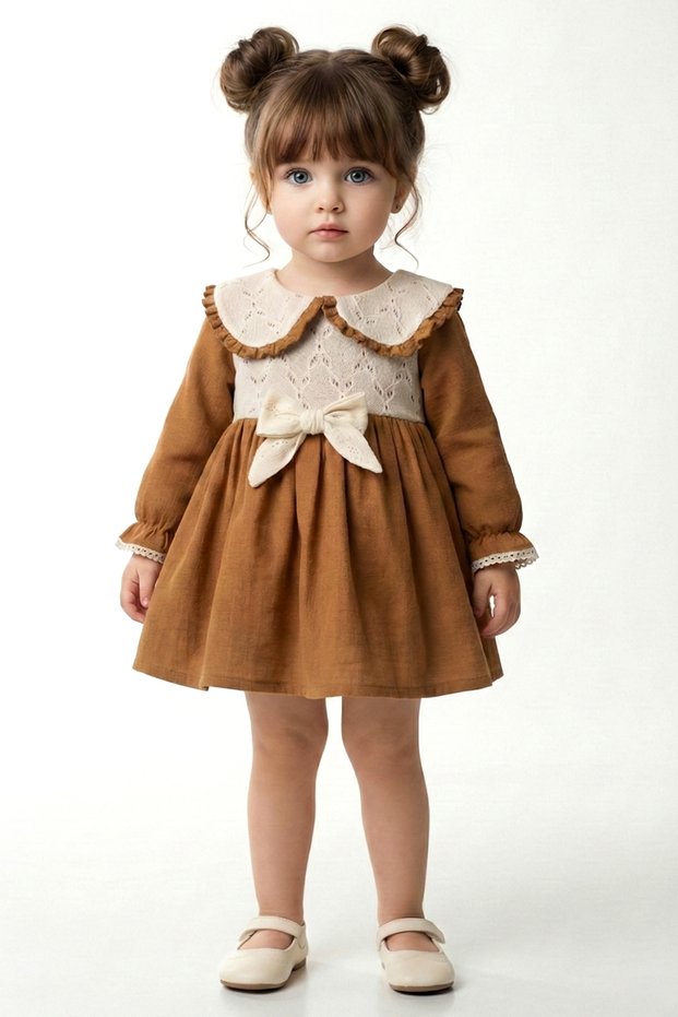 Baby Girl Dress Girls' Dress Birthday Party Wedding Special Occasion Collared Bow Long Sleeve Lined Dress