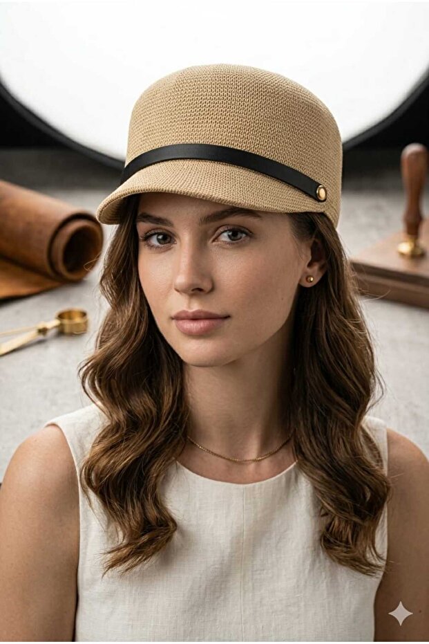 Women's Straw Raffia Knitted Cap Hat with Band Detail Summer Model