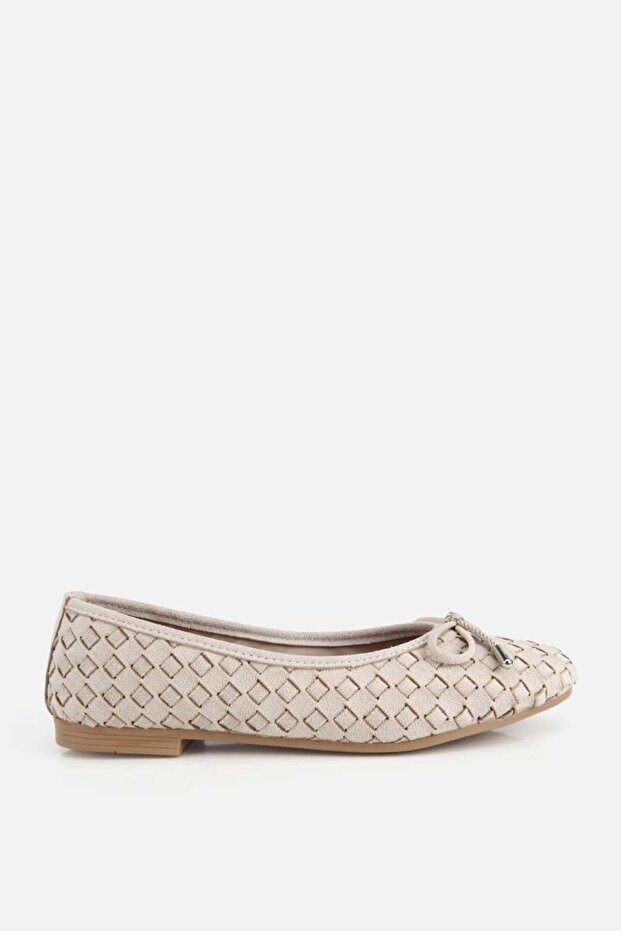 Women's Beige Suede Knitted Bow Ballet Flats