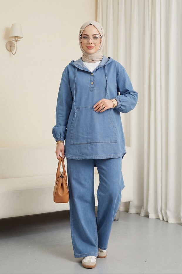Hooded half button kangaroo pocket denim suit - blue