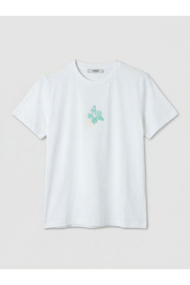 Nevavm Farkıyla Xside White Oval Neck Embroidered Women's T-Shirt - S6Q468Z8-Q6K