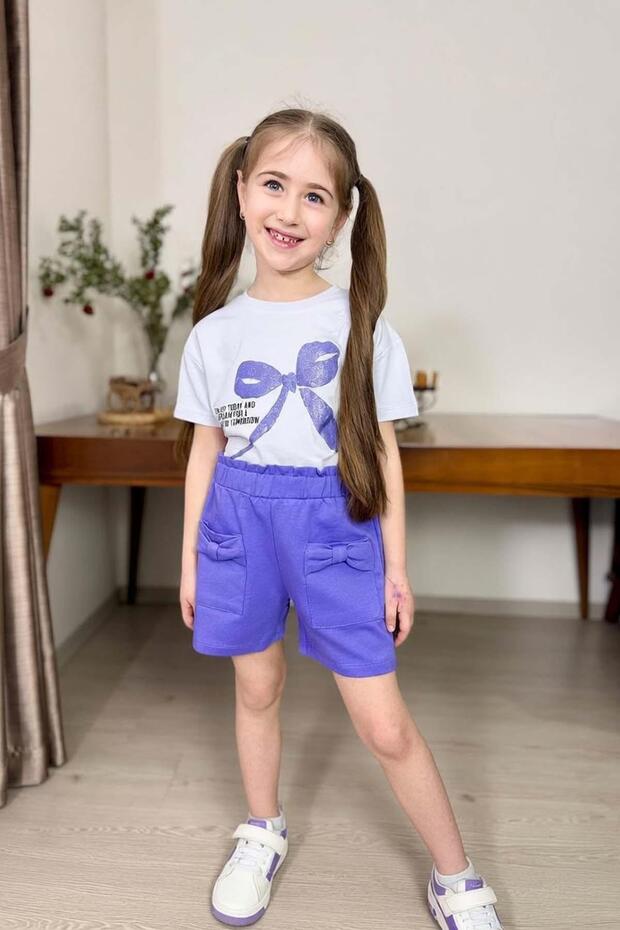 Girl's Digital Ribbon Printed T-Shirt and Lilac Shorts Set with Bow Pocket Detail