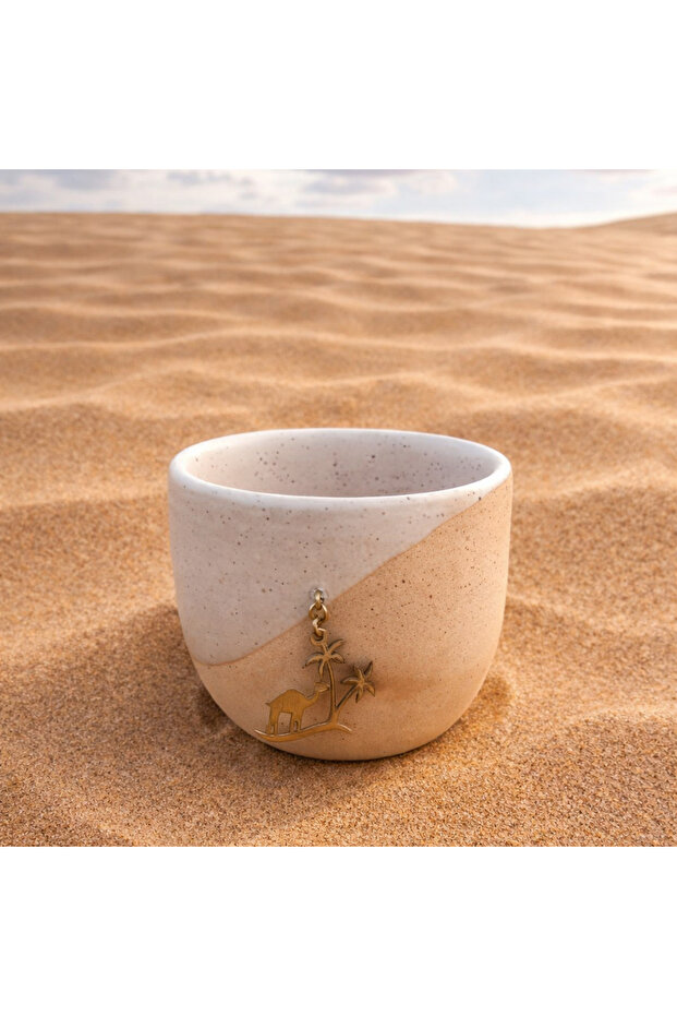 Camel & Palm Handmade Ceramic Coffee Cup – Brass Charm Desert Motif – Sand & White Artisan Drinkware – UAE Souvenir Gift
