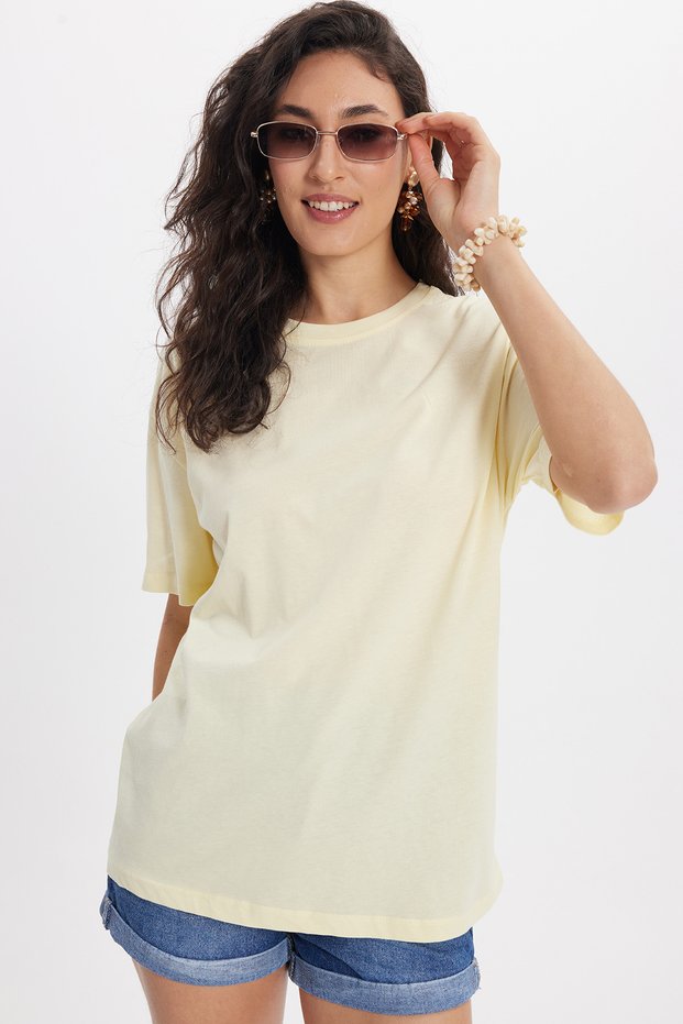 Women's Slim Fit 100% Cotton Short Sleeve Crew Neck Yellow T-Shirt Blouse