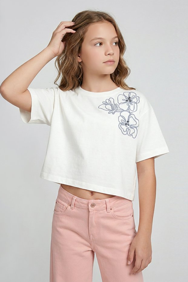 Girl's Floral Embroidery Motif Crop T-Shirt