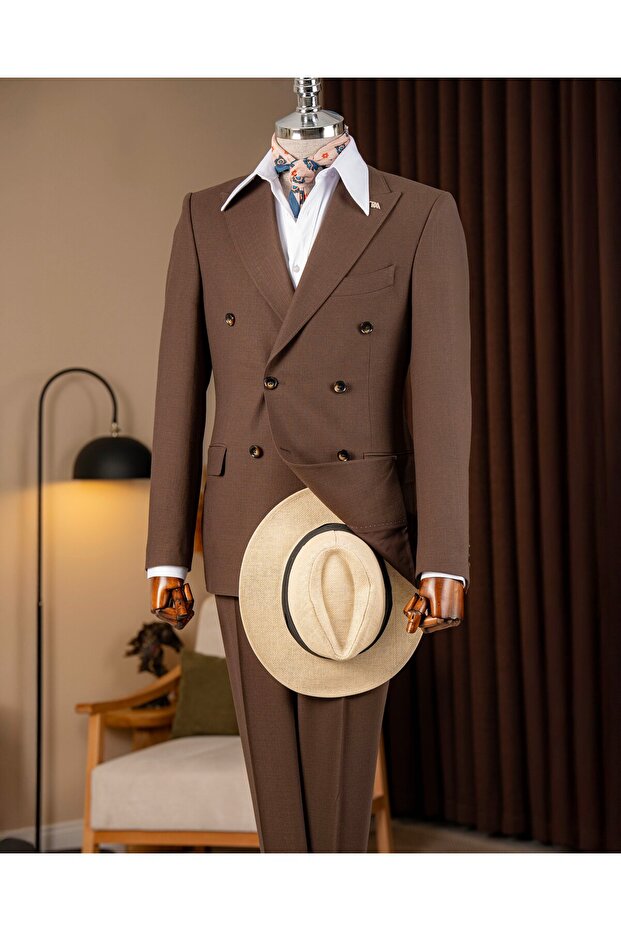 Slim Fit Men's Double-Breasted Pointed Lapel Jacket Pants Suit Light Coffee T20097-31