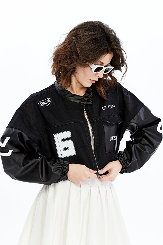 Women's Oversize Crop Coat – Biker Style Denim & Leather Combination Street Style Casual Jacket