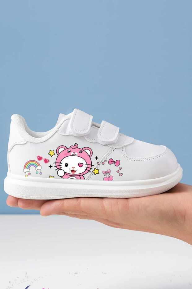 White Color Animal Helo Printed Girls' Sneakers with Straps