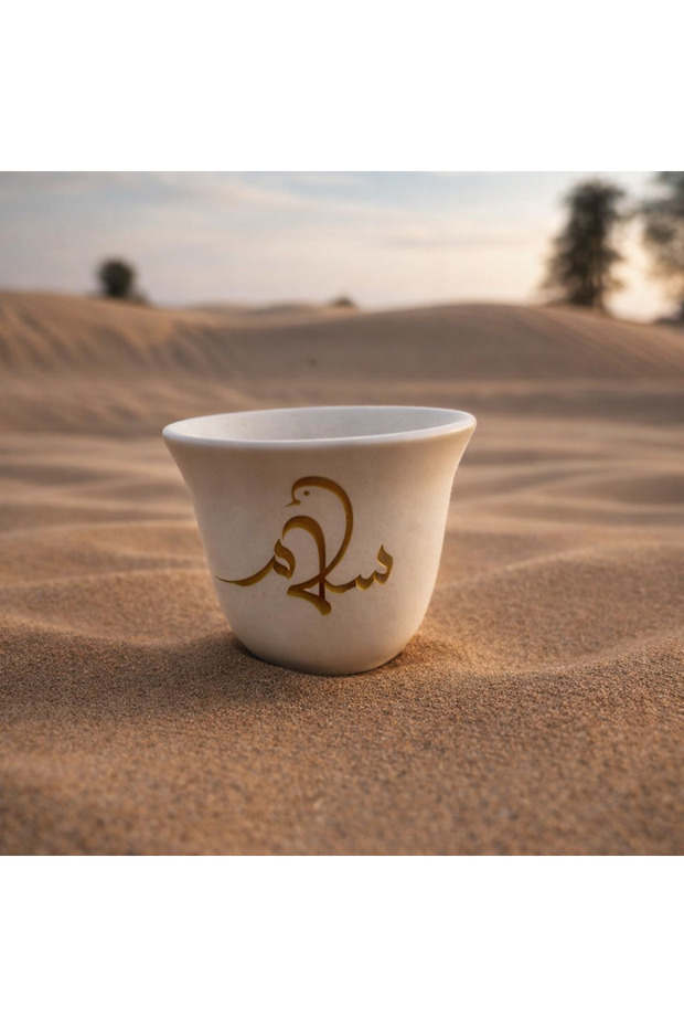 Peace Artisan Qahwa Cup – Handcrafted Clay Arabic Coffee Cup with Golden Calligraphy, 80ml Single Piece, Minimalist Gift for Coffee Lovers