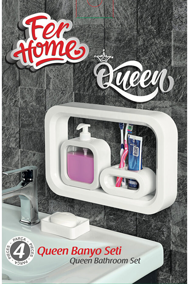 Queen Bathroom Set of 4 – Liquid Soap Dispenser, Toothbrush Holder, Solid Soap Dispenser, Modern Frame | Bathroom&Sink