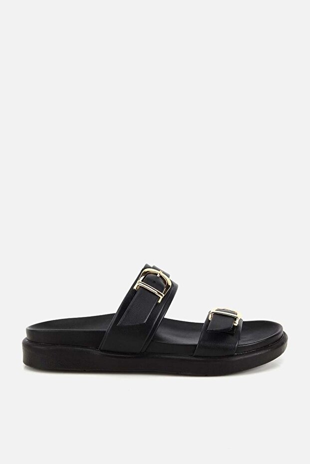 Women's Black Gold Buckled Strips Thick Sole Slipper