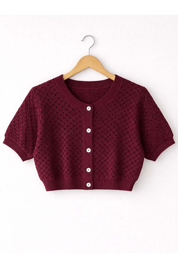 Lou Retro Openwork Short Cardigan Women's Burgundy