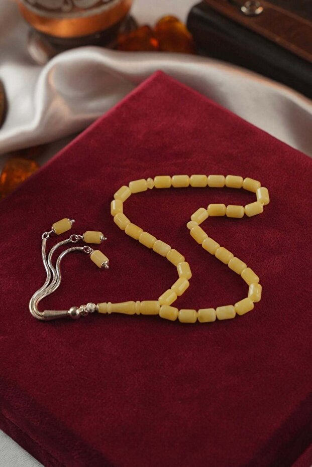سبحة بتصميم كبسولة من الفضة والعنبر بطول الكاحل (عنبر)، (سبحة قطرة العنبر)