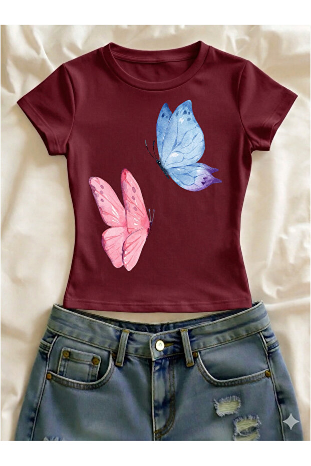 Butterfly Printed Lycra Slim Fit Short Sleeve Crew Neck Tee Crop