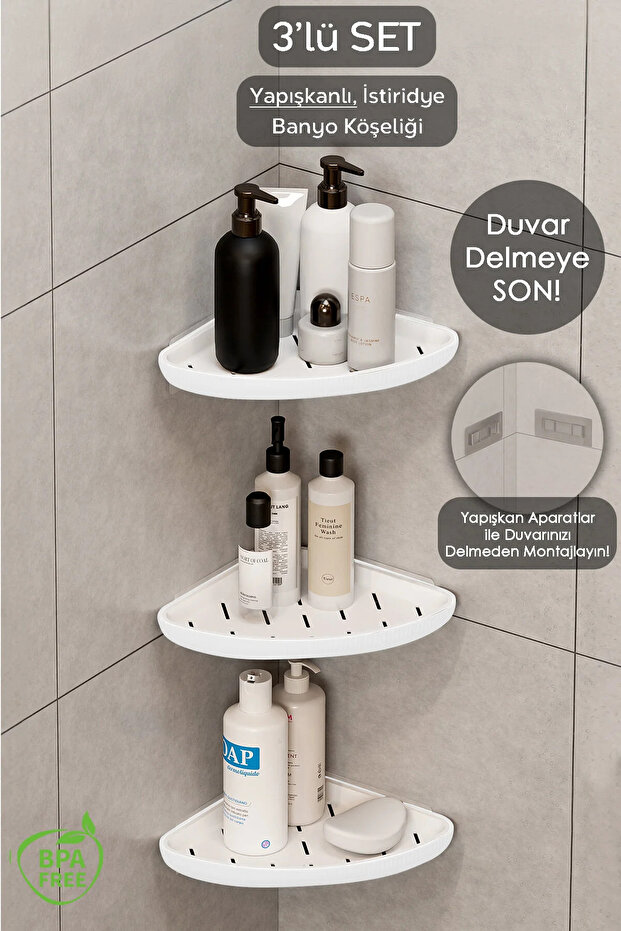 3Pcs Adhesive Bathroom Organizer Shower Shelf - Shampoo Holder Soap Dish Bathroom Nook Corner Shelf White