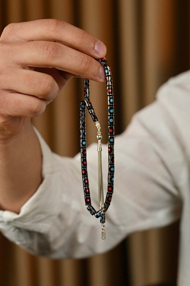 سبحة إرزوروم أولتو من الفضة الكاملة مع تطريز الفيروز والمرجان، موديل مقطوع يدويًا