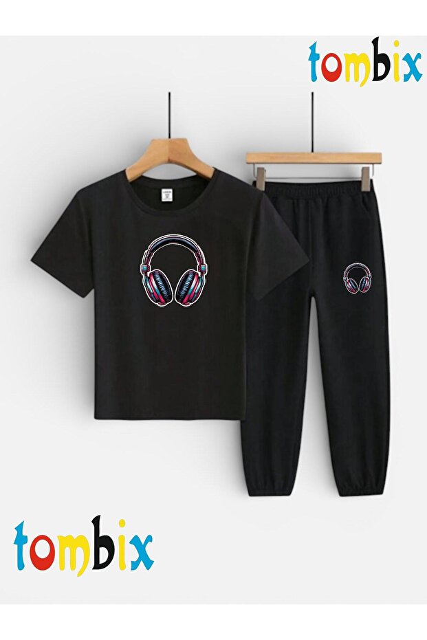 Headphone Visual Printed T-Shirt Trackpants (with Pocket) Top-Bottom Children's Set